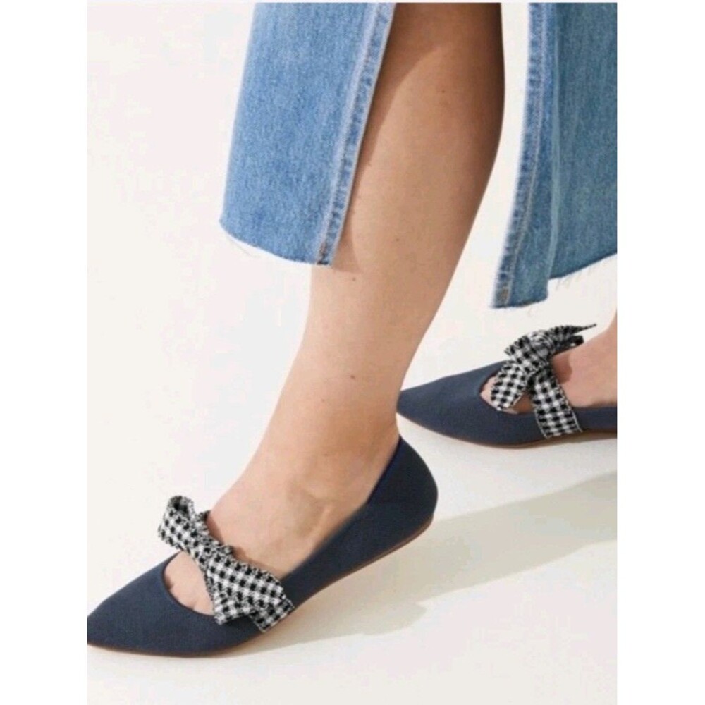 Rothy's Mary Jane Pointed Bow Flat Shoes Size 8 Ink Gingham Navy Black White